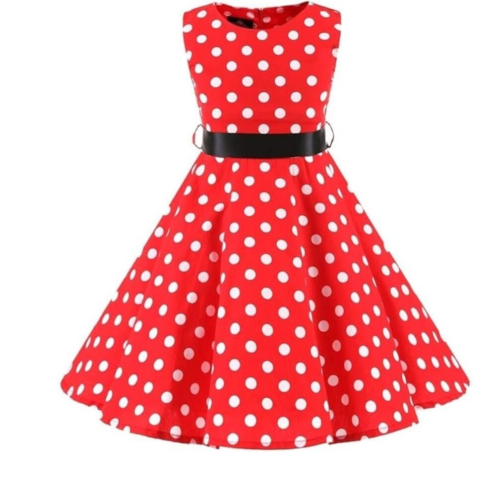 Polka Dots Dress Girl Vintage 1950s Rockabilly Sleeveles Swing A-line